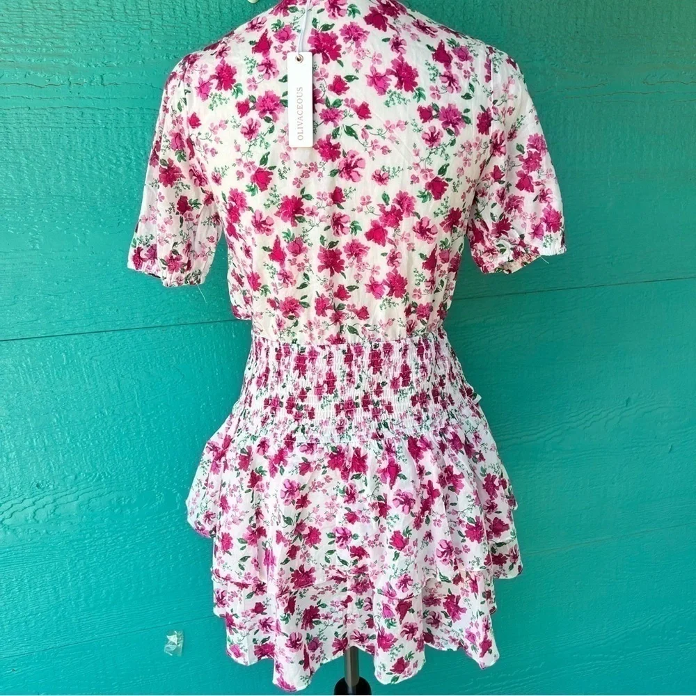 PINK Floral Smocked Waist Tie Front Tiered Ruffle Hem Cutout Dress Medium NWT
